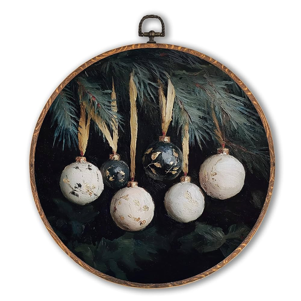 Hxlac Vintage Christmas Bauble Ball Round Wall Art Framed, Dark Rustic Winter Round Wall Decor, C... | Amazon (US)