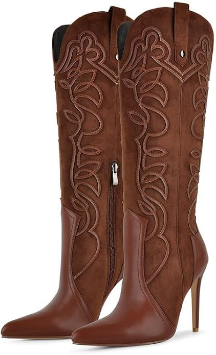Only maker Cowgirls Retro Denim Panels Pointed-toe A High Heel Shaft Cowboy Boots | Amazon (US)