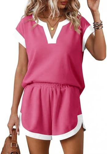Tankaneo Womens V Neck Color Block Short Sets Summer Short Sleeve T Shirts and Shorts with Pocket... | Amazon (US)