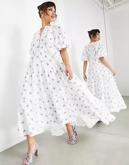 ASOS EDITION puff sleeve midi dress in ditsy floral printed broderie | ASOS (Global)