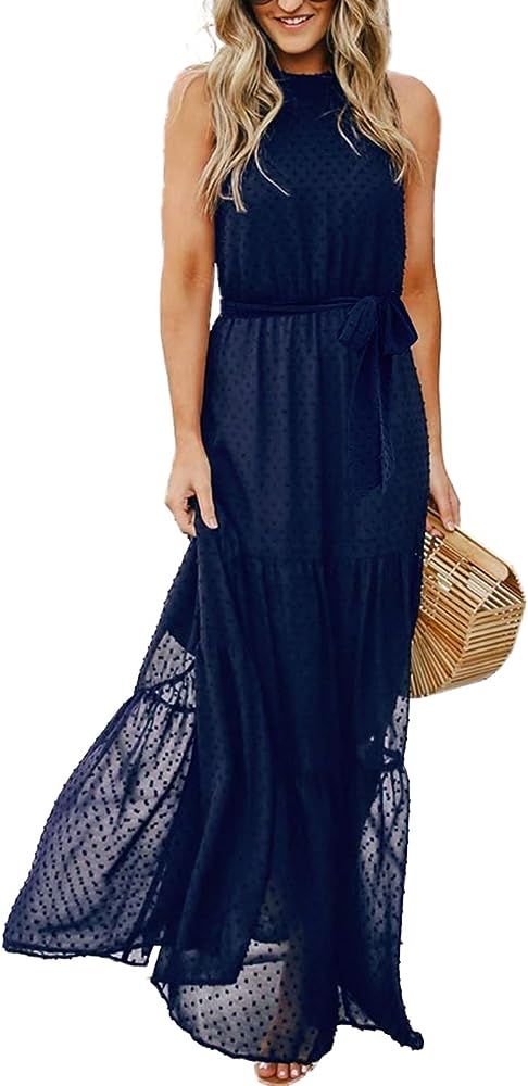 PRETTYGARDEN Women’s Casual Halter Neck Sleeveless Floral Long Maxi Dress Backless Loose Ruffle Sund | Amazon (US)