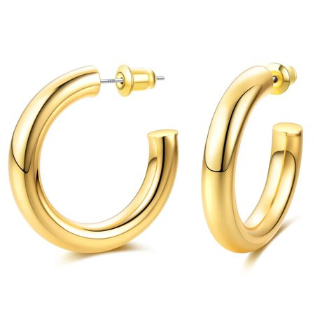 EARLLER Thick Chunky Open Hoops Earrings, 14K Gold Plated Gold Hoop Earrings, Lightweight Tube Hoop  | Walmart (US)