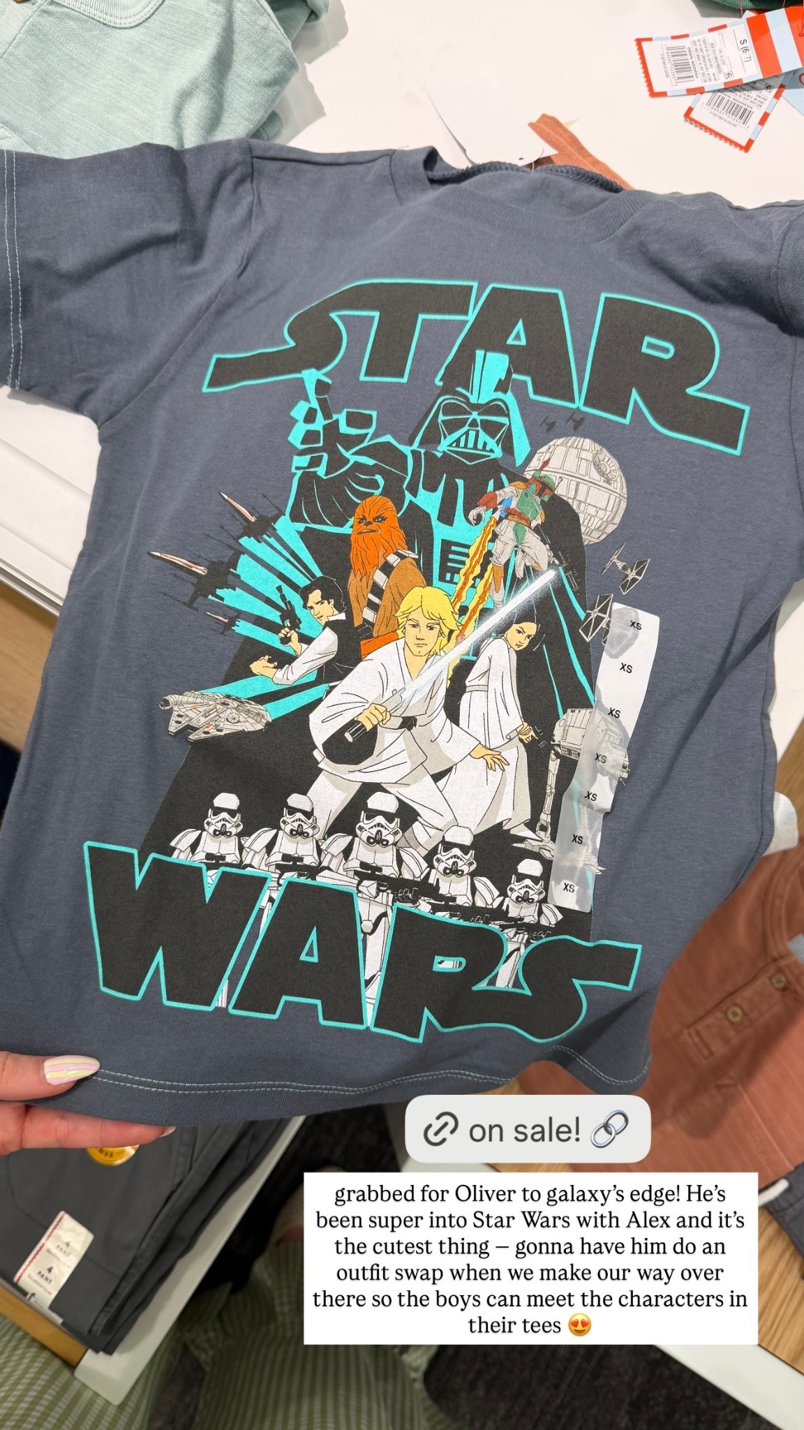 grabbed for Oliver to galaxy’s edge! He’s been super into Star Wars with Alex and it’s the cutest thing — gonna have him do an outfit swap when we make our way over there so the boys can meet the characters in their tees 😍