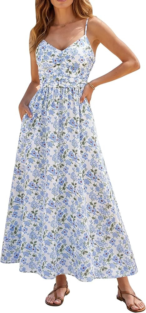 Women's Floral Maxi Dress Summer 2026 Spaghetti Strap Flowy Long Sundress Beach Vacation Boho Dre... | Amazon (US)