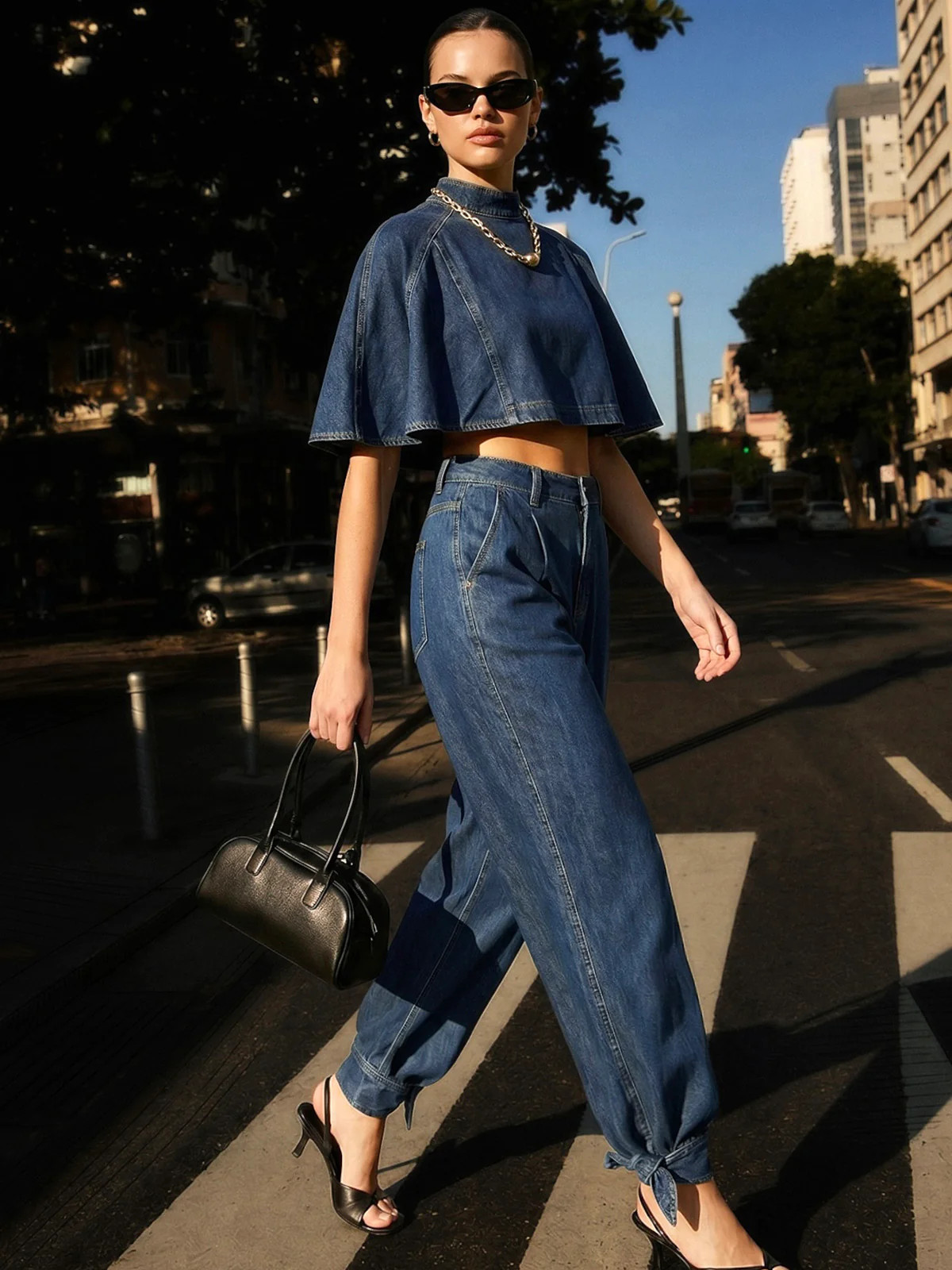 Mid Waist Tie Cuff Denim Pants | Commense