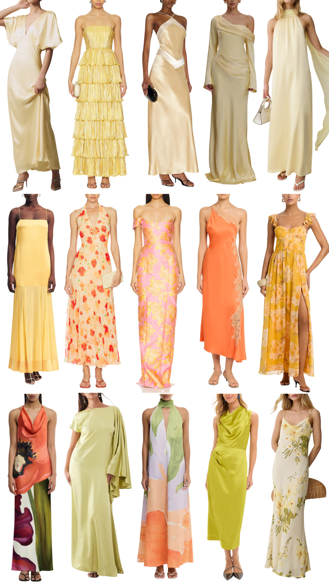 Spring/Summer wedding guest dresses - yellow orange and green inspo! 

 
