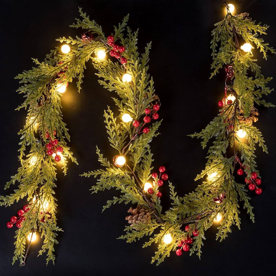 Quntis Christmas Garland with 20 Globe Lights, 2 Pack 5.7FT Artificial Red Berry Garland Christma... | Amazon (US)