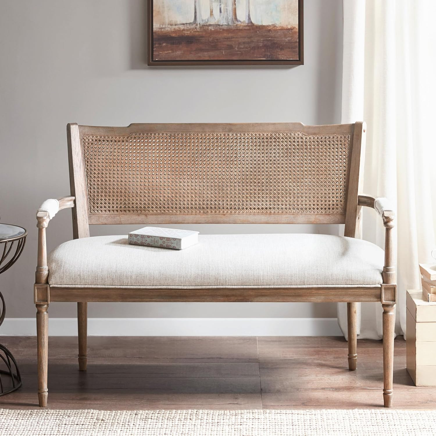 Madison Park Willshire Rattan Settee, Upholstered Seat Charming Country Design, Rustic Wood Finish, Ratan Insert Backrest & Padded Arm Rest, 47.25" W x 25" D x 35" H, Beige/Reclaimed Natural | Amazon (US)
