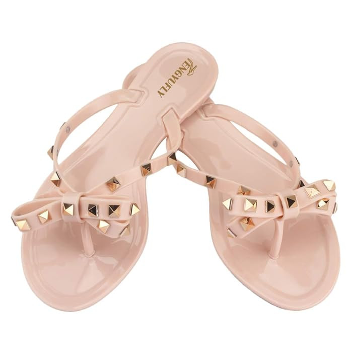 TENGYUFLY Womens Rivets Bowtie Flip Flops Jelly Thong Sandal Rubber Flat Summer Beach Rain Shoes | Amazon (US)