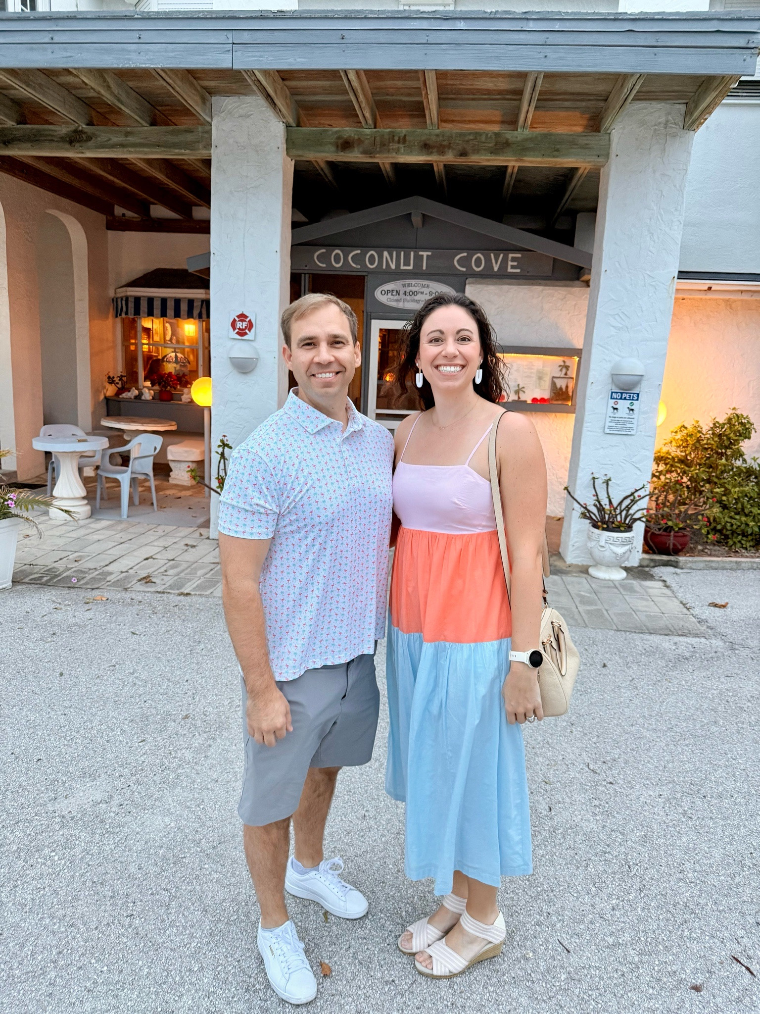 Date night outfits for a meal by the beach! Love a midi dress for all occasions and this one has the cutest tie back! Too off any outfit with wedges and a crossbody bag! Kyle loves a printed polo and his golf shorts are all events! The golf shorts keep him nice and cool all day long! 

#LTKSeasonal #LTKMens #LTKdayinmylife