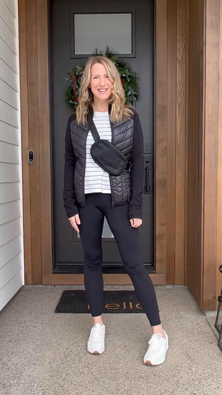 Casual weekend wear. Pairing my Nike Daybreak tennis shoes with a basic striped t shirt, mixed media jacket, leggings and my LuLuLemon belt bag.

#LTKshoecrush #LTKstyletip #LTKunder100
