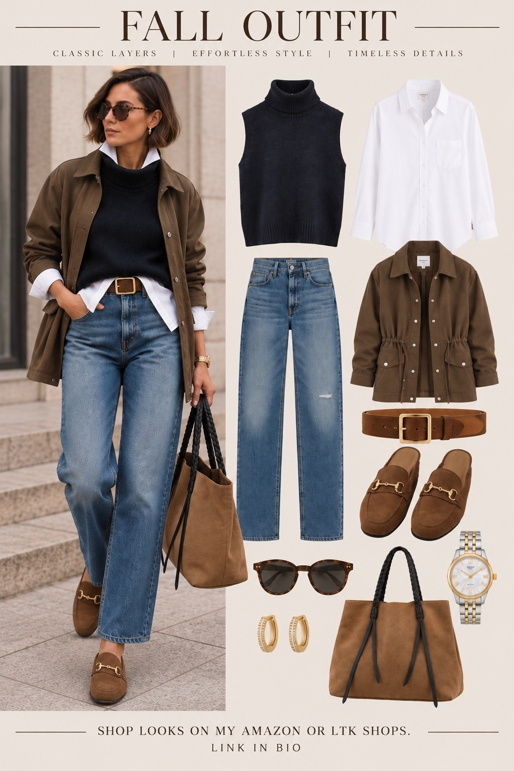 Classic layers are what make a simple outfit feel so polished. 🤎 A crisp white button-down, sleeveless knit, relaxed denim, and that rich brown jacket give this look an effortless Ralph Lauren-inspired feel—without the designer price tag.

Timeless pieces, beautiful neutrals, and an outfit you can actually wear in real life. 🍂

#LTKOver40 #LTKMidsize #LTKootd