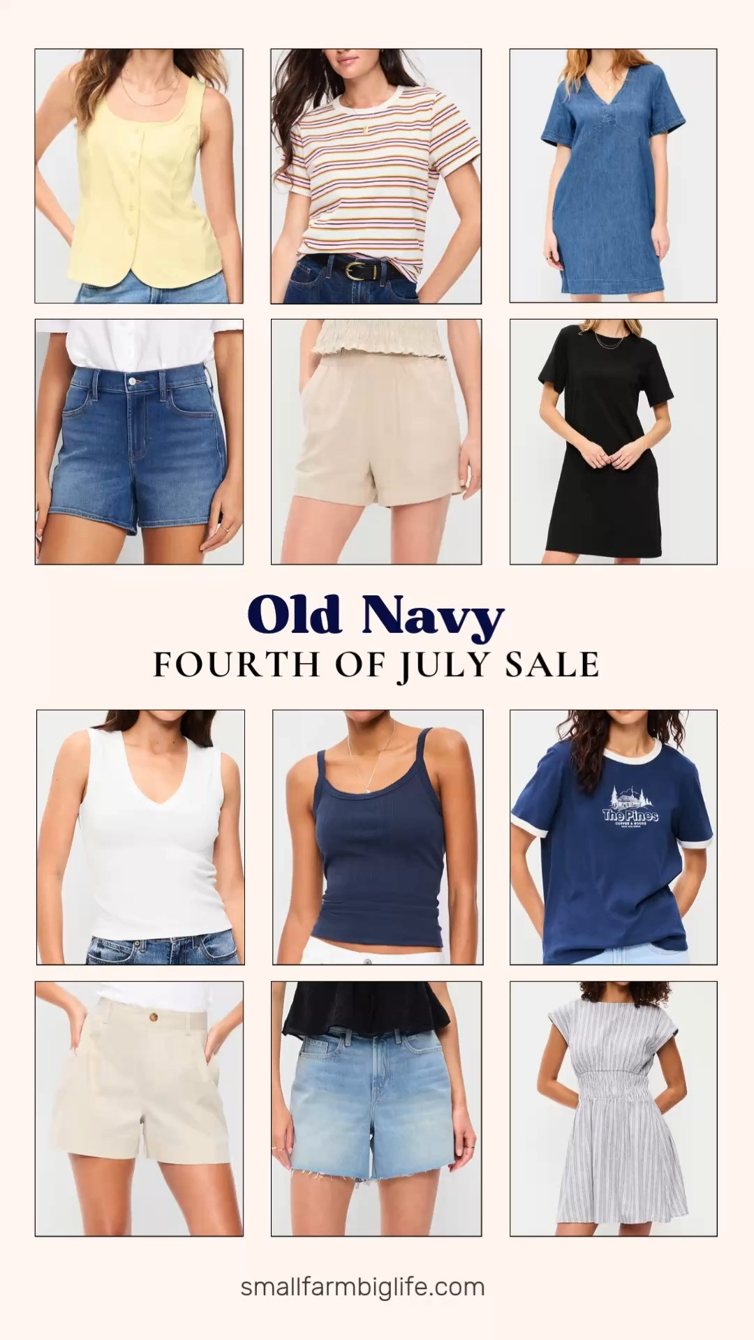 Old Navy is having a Fourth of July sale and these picks are all such great summer wardrobe staples at really affordable prices. I rounded up mini t-shirt dresses, a denim shift dress, a smocked fit and flare mini, high waisted shorts in denim, linen blend, and chino styles across three different inseam lengths, classic striped and graphic tees, a pointelle cami, a butter yellow sleeveless button down, and a snug crop v neck tank. Old Navy consistently delivers quality basics at prices that make it easy to stock up and these are the pieces you will reach for on repeat all summer long. Tap to shop while the sale is on! 

 #LTKootd #LTKOver40 #LTKSaleAlert