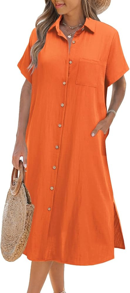 Zeagoo Women Dresses Summer Casual Short Sleeve Button Down Shirt Dresses 2026 Beach Cover Up wit... | Amazon (US)
