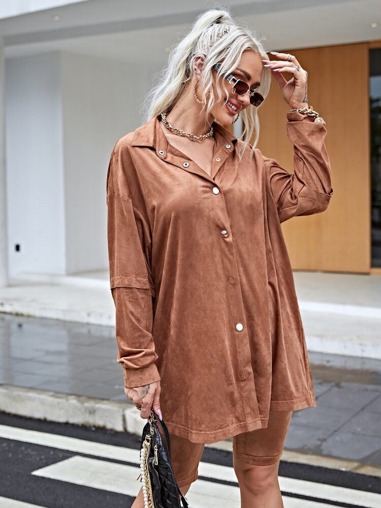 SHEIN Single Breasted Drop Shoulder Suede Longline Blouse & Biker Shorts Set | SHEIN