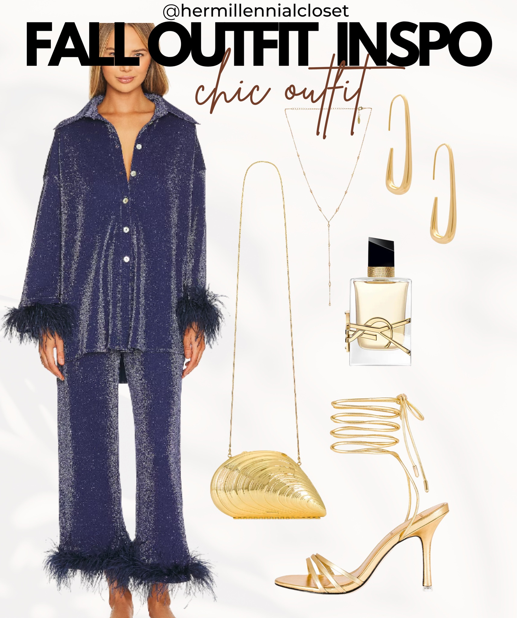 Pajama Outfit: Night Out in Pajama Chic

🌙 Who says you can't be comfy and chic for a night out? Slip into a stunning blue pajama with gold glitter and elevate the look with all-gold accessories. Featuring a shell clutch bag, strap heels, drop earrings, a long necklace, and the timeless fragrance of YSL perfume. It's the perfect blend of comfort and style for those cozy fall evenings. #NightOutChic #PajamaElegance #FallFashion 🌃🌌🌟👘👠👜🥂💫🍁

#LTKitbag #LTKstyletip #LTKmidsize
