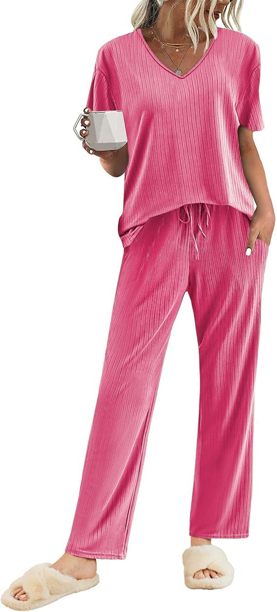 Ekouaer Womens Ribbed Knit Lounge Set Short Sleeve Top and Long Pants Sleepwear Pajama Set Two Pi... | Amazon (US)