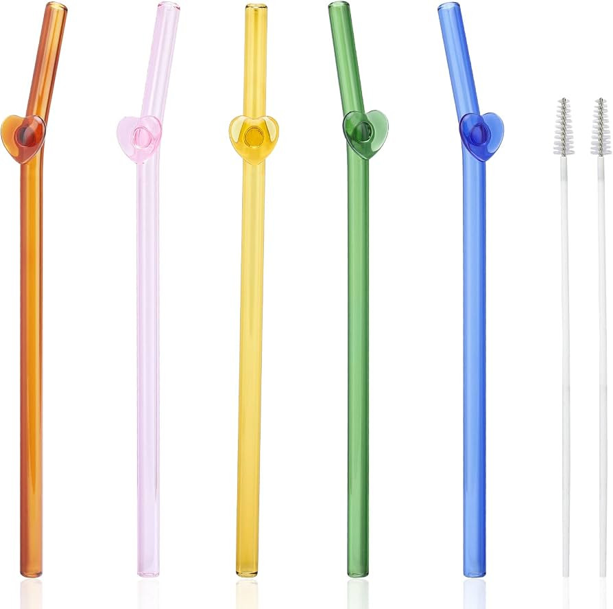 Glass Heart Straws with Cleaning Brush, Cute Colorful Heart Glass Straws Shatter Resistant, Reusa... | Amazon (US)