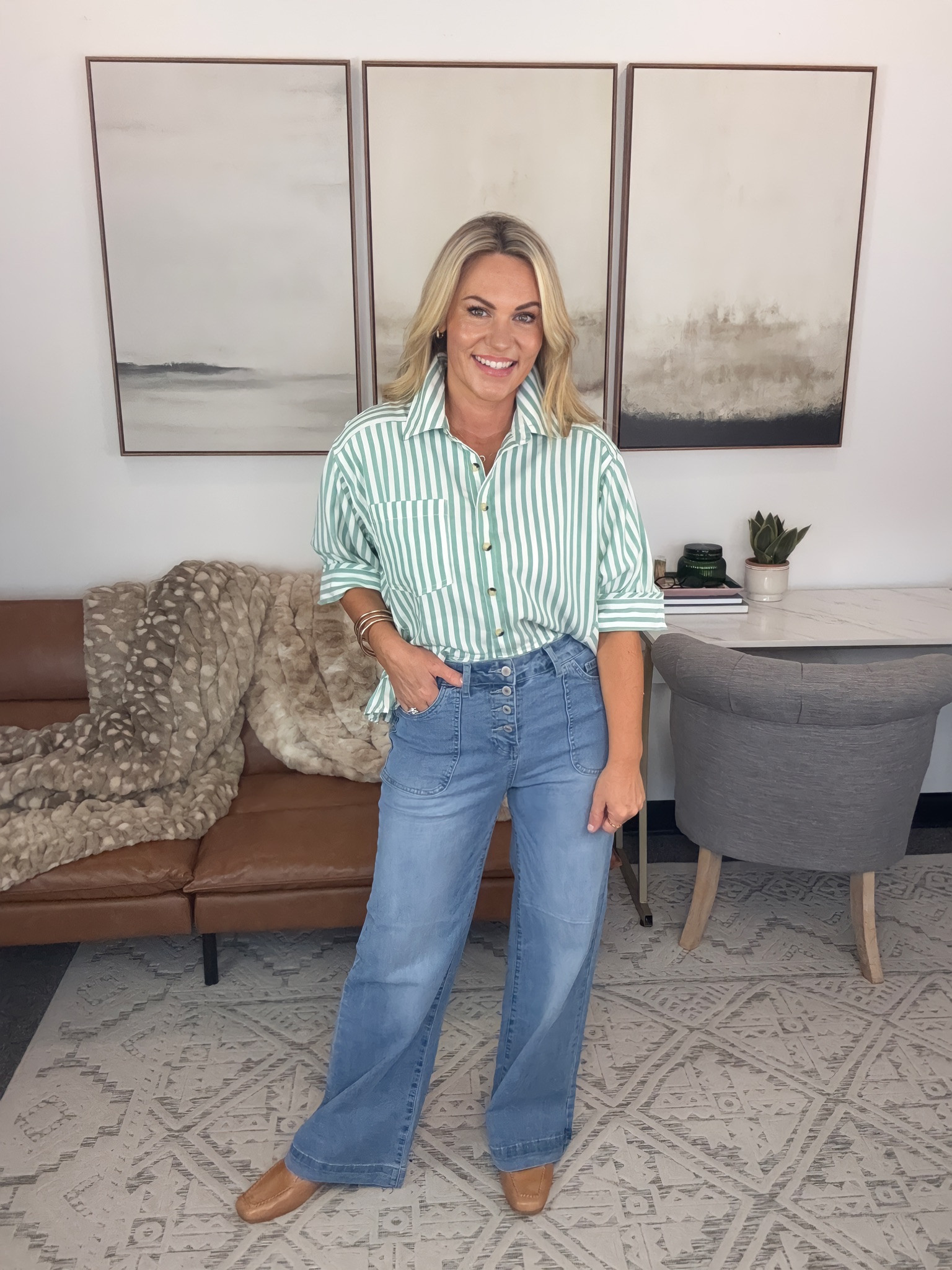 A striped button down and wide leg jeans is an easy formula for days that start with meetings and end somewhere more casual. The green stripe adds some color while the relaxed denim keeps the whole look comfortable and wearable.

striped button down, green striped shirt, wide leg jeans, denim outfit, business casual outfit, casual office style, transitional outfit, summer to fall fashion, everyday denim, women’s workwear, AudrieDollins

#LTKootd #LTKSeasonal #LTKOver40