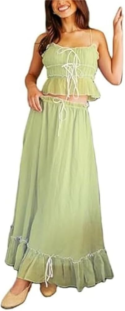 Women Y2k 2 Piece Outfits Patchwork Front Tie-Up Camisoles and Ruched Ruffle Maxi Skirt Matching ... | Amazon (US)