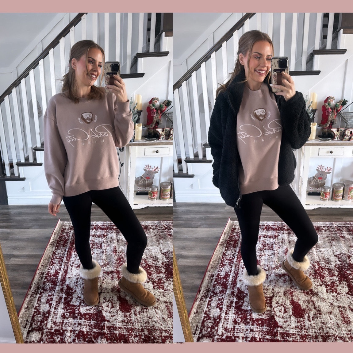 Love the cozy sweater and legging days! 
This sweater is AMAZING! It’s great quality and so warm! It comes in 4 different colors with different city’s on them! Of course I chose Park City cuz that’s where I ski! And pink it cute! 
Wearing a medium for a more oversized look

Leggings- grab them now! They are fleece lined and we all need these this time of year! They are currently on sale for $13 too! 

Boot- always love a good Ugg boot to stay warm! 

#LTKSeasonal