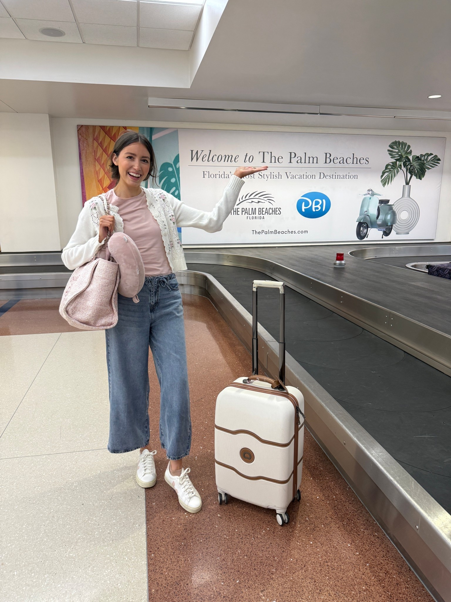 Palm beach travel outfit! Wore these super comfy jeans (they are Tencel so they are buttery soft and lightweight!!) with my fave Nordstrom Pima cotton tee and Veja sneakers.💗 always with my Delsey luggage (fits so much!! And had it for 8 years!) cardigan is a Marshall’s find!! 
Airport outfit, travel outfit, 

#LTKSeasonal #LTKTravel #LTKootd