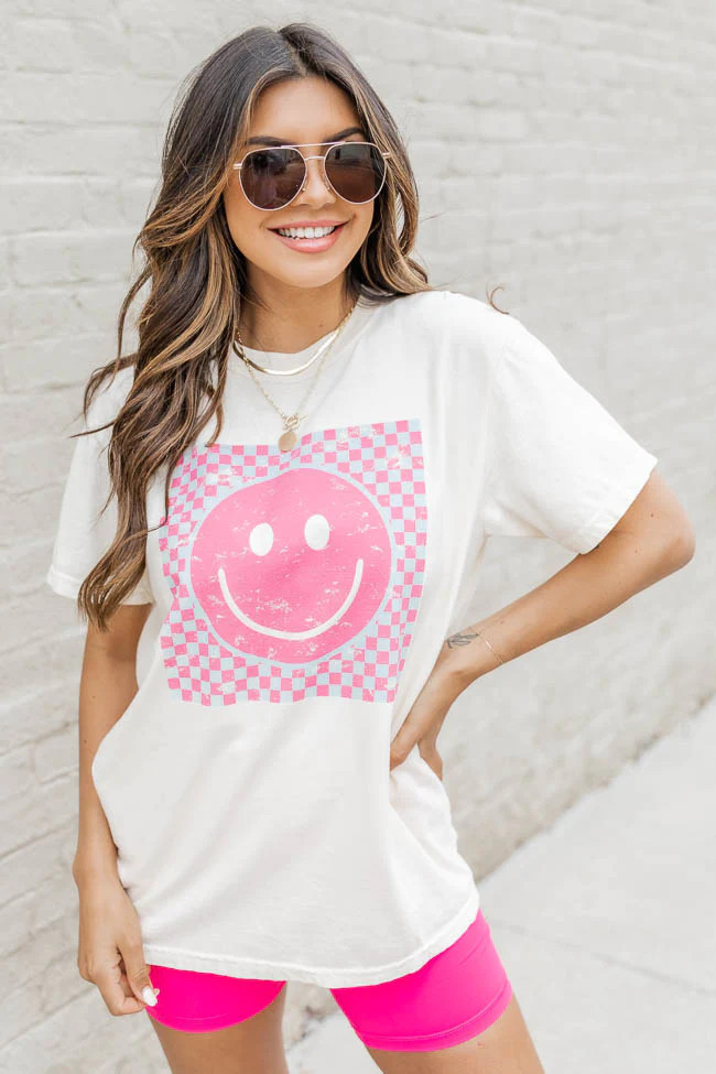 Pink And Teal Checkered Smiley Ivory Graphic Tee | Pink Lily