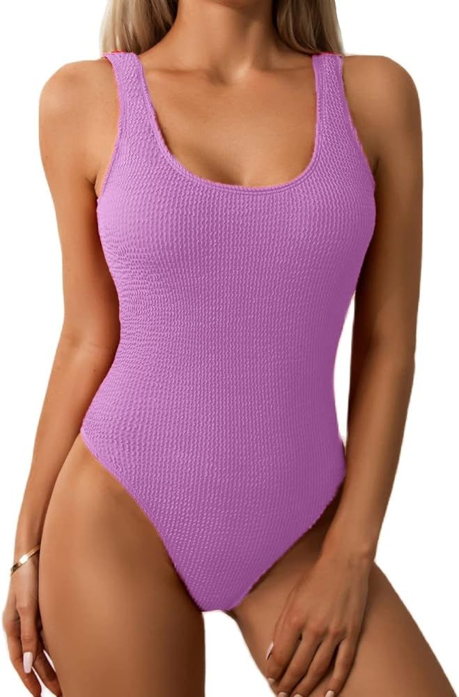 Women One Piece Swimsuit Solid Ribbed Monokini Swimwear Scoop Neck Low Back Bathing Suit | Amazon (US)