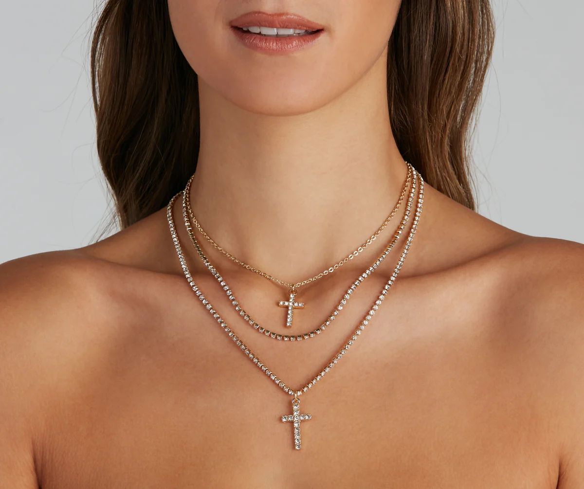 Rhinestone Cross Charm Layered Necklace | Windsor Stores