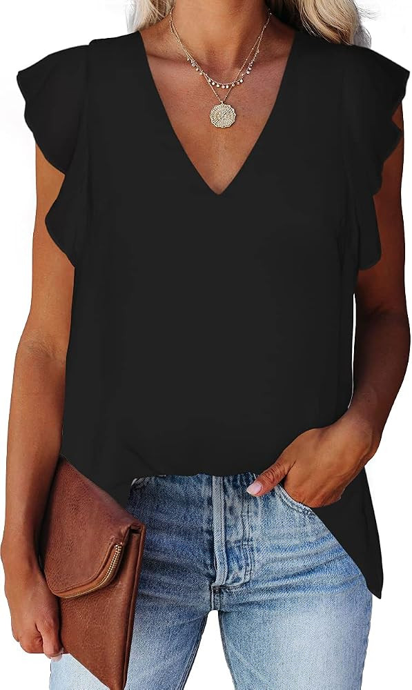 Alice CO Women's Summer V Neck Cap Sleeve Chiffon Casual Flowy Blouse Shirts Tee | Amazon (US)