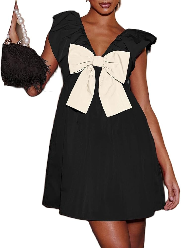 Meiweileya Womens Christmas Bow Babydoll Mini Dress V Neck Puff Sleeve Ruffle Trim Short Dress Ca... | Amazon (US)