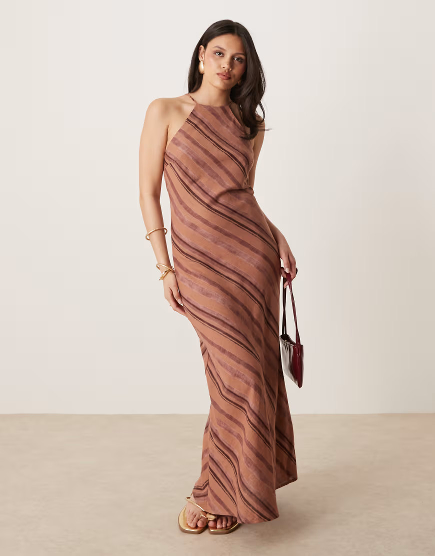 ASOS DESIGN linen racer maxi sundress in brown stripe-Multi | ASOS (Global)