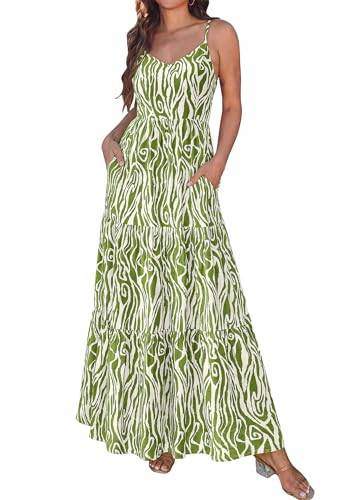 KIRUNDO Womens Summer Dresses Boho Floral Beach Maxi Sundress Wedding Guest Dress Vacation Outfits Flowy Cruise Resort Wear(Army Green, Small) | Amazon (US)