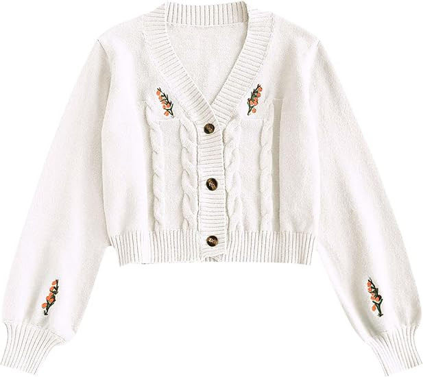 ZAFUL Women's Button Up Embroidered Cable Knit Cardigan V Neck Long Sleeve Cropped Sweater | Amazon (US)