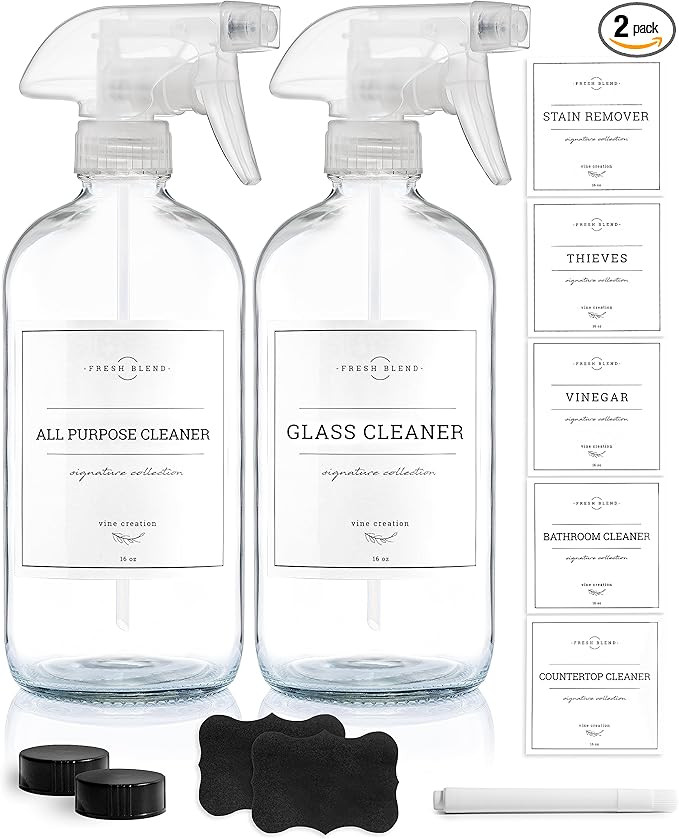 Vine Creations Glass Spray Bottles, 2 Pack Refillable Spray Bottles for Cleaning Solutions, Clear... | Amazon (US)