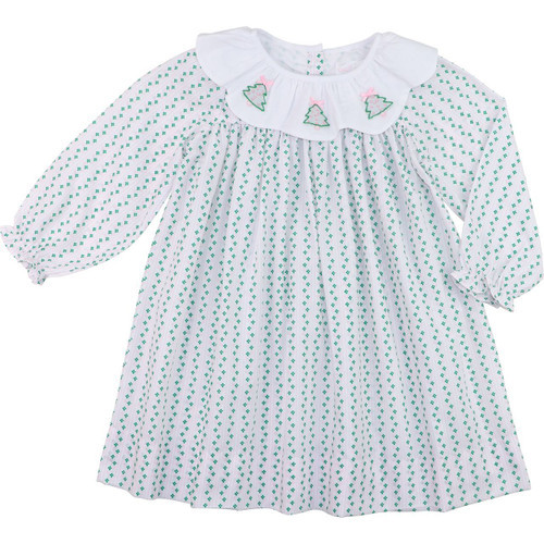 Pink And Green Vintage Floral Embroidered Christmas Trees Dress | Cecil and Lou