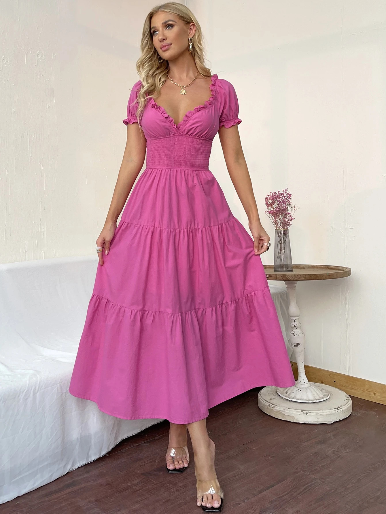 SHEIN Frill Trim Shirred Waist Tiered Hem Dress | SHEIN