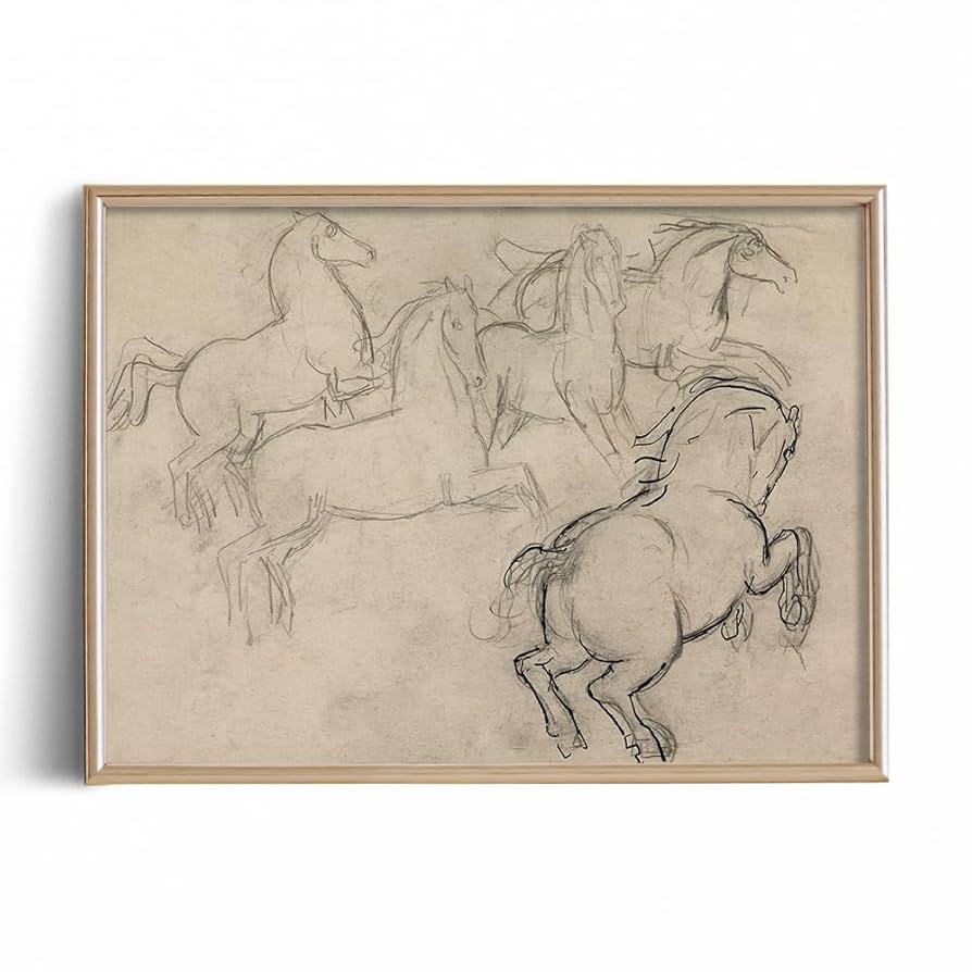 Vintage Farmhouse Horse Wall Art - Horse Drawing Etching Rustic Gray Picture - Beige Equine Pony ... | Amazon (US)