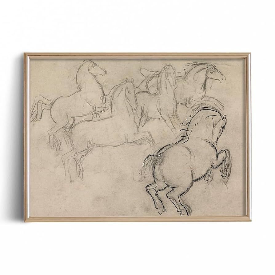 Vintage Farmhouse Horse Wall Art - Horse Drawing Etching Rustic Gray Picture - Beige Equine Pony ... | Amazon (US)