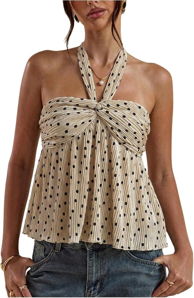 WDIRARA Women's Polka Dots Halter Tops Twist Sleeveless Backless Ruffle Hem Tank Top | Amazon (US)