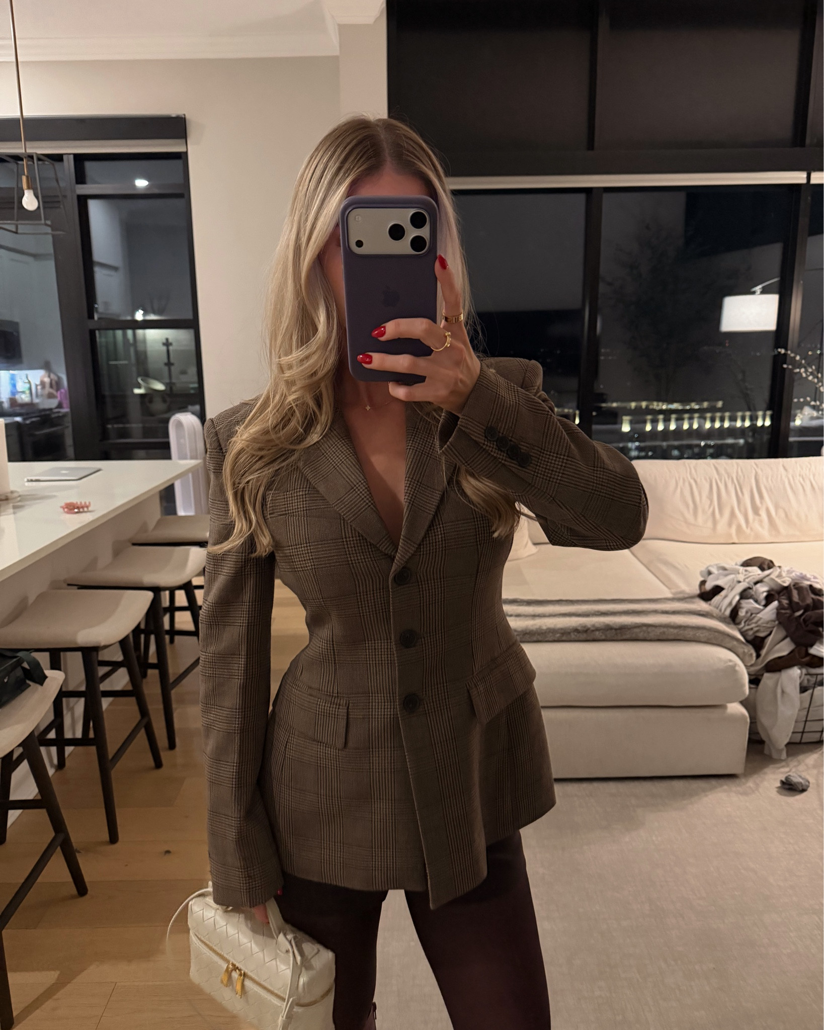 Size 2 blazer, size XS mini shorts, size medium tights, burgundy boots true to size 