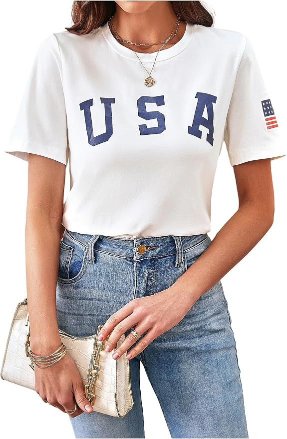 SweatyRocks Women's Graphic T Shirts Letter Print Flag Short Sleeve Casual Crop Tops | Amazon (US)