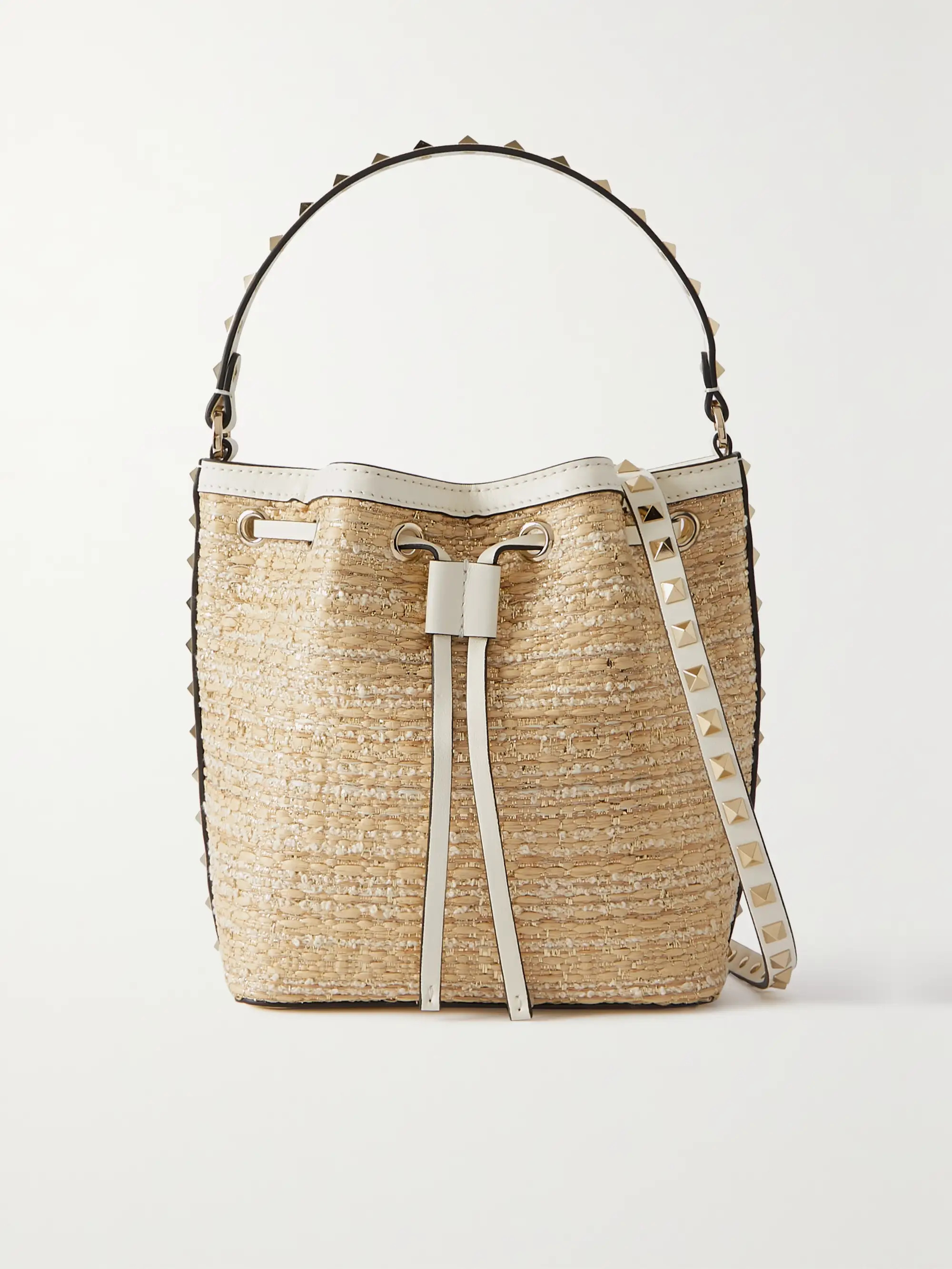 Rockstud leather-trimmed metallic bouclé bucket bag | NET-A-PORTER (US)