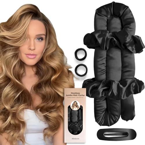 BLINKEEN Jumbo Heatless Hair Curler Set-Satin Heatless Curls Overnight, Jumbo Curling Rod Headband, No Heat Curlers To Sleep in (Black) | Amazon (US)