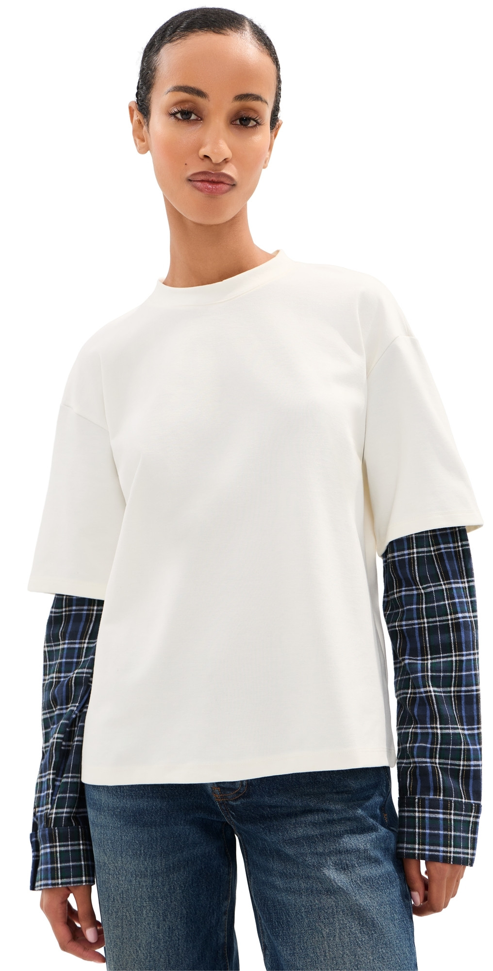 LE BOP Phoenix Double Layer Shirt Off White/Navy Plaid XS | Shopbop