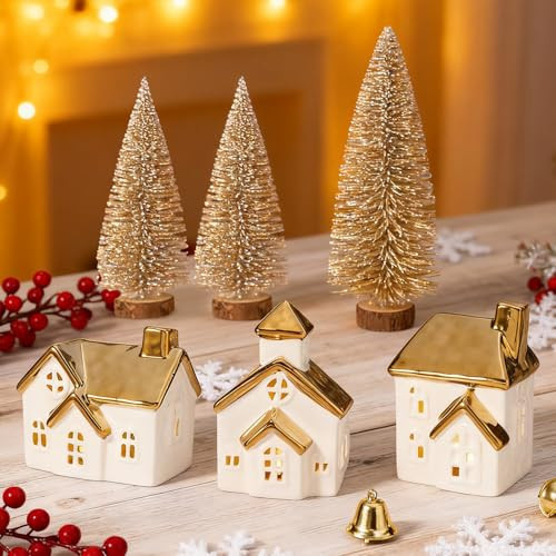DN DECONATION Christmas Decor Village Houses, 6 Pcs Light Up White Ceramic Houses and Frosted Trees, Tabletop Christmas Town Set with Lights for Winter Decor Holiday Decorations Gifts | Amazon (US)