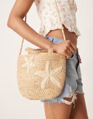 Accessorize embroidered starfish handheld mini straw bag in natural | ASOS | ASOS (Global)
