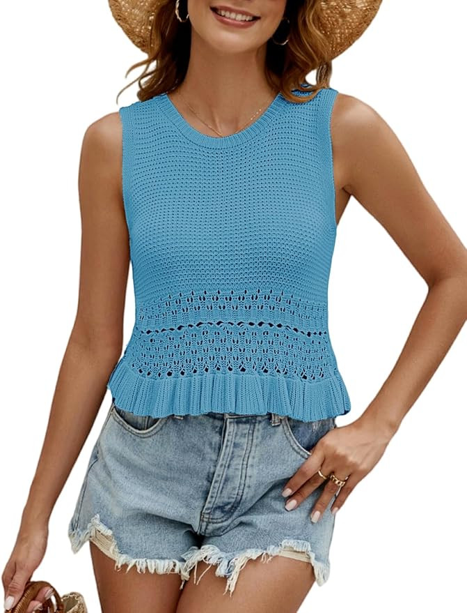 VIMPUNEC Womens Summer Crop Tank Tops Cute Knit Sweater Vest Crochet Sleeveless Pullover Top | Amazon (US)