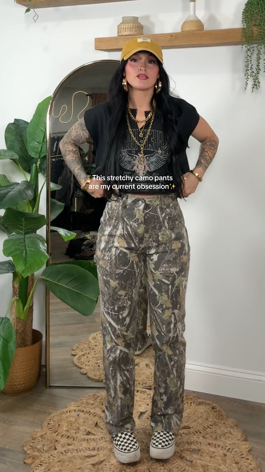 I’m 5’3 & 133 wearing an XS in the pants and a large in the shirt (these camo pants run big). I cut the shirt up to get it to look like this. Tutorial is on my instagram. Necklace stack is from Lovisa as well as the earrings... I put similar earrings instead. 