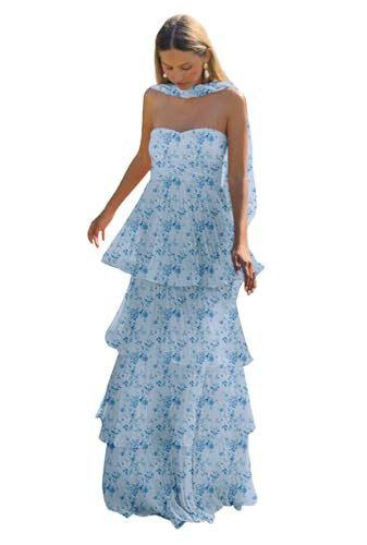 Chiffon Strapless Bridesmaid Dresses for Women Pleated Tiered Formal Prom Evening Dress with Scar... | Amazon (US)